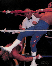 Honky Tonk Man (right) stomps on Randy Savage (bottom left), circa 1988 The Honky Tonk Man stomps on Randy Savage 1998.png