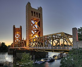 The Tower Bridge, which was completed in 1935. Tower Bridge Sacramento edit.jpg