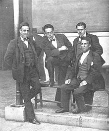 Julian Besteiro, Daniel Anguiano, Andres Saborit and Francisco Largo Caballero in the Cartagena prison, photographed by Campua (1918) Trade unionists in the penitentiary of Cartagena.jpg