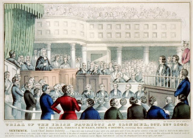 Trial of the Irish patriots at Clonmel. Thomas Francis Meagher, Terence MacManus, and Patrick O'Donoghue receiving their sentence of death.