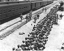 Soldiers arriving at Camp Freda railroad siding US Troops at Camp Freda, CA railroad.jpg