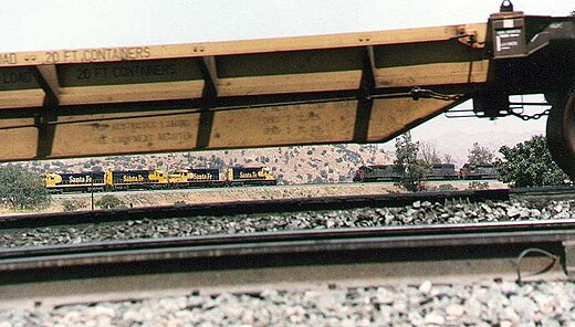 AT&SF and SP Railroad trains meet at Walong siding on the Tehachapi Loop in the late 1980s.