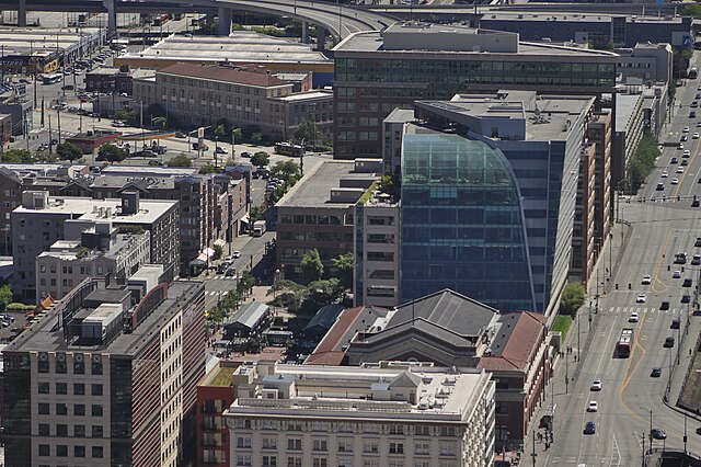 The Union Station office complex and International District/Chinatown station, built atop a shared concrete lid