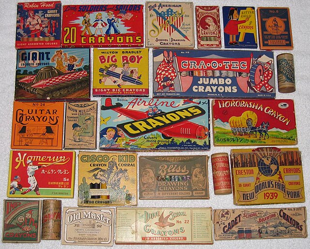 A wide variety of crayon boxes have been produced over the years