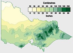 Average yearly precipitation:Victoria's rainfall is concentrated in the mountainous north-east and coast.