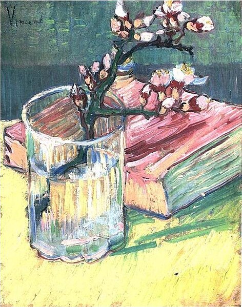 File:Vincent Van Gogh - Blossoming Almond Branch in a Glass with a Book (1888).jpg