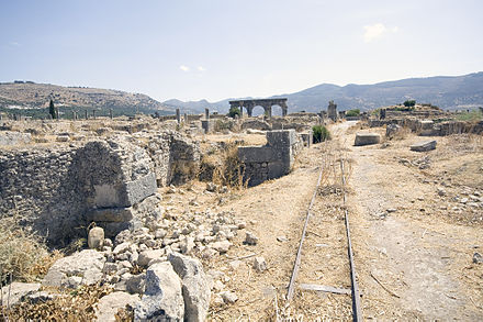 Edge of the excavated area at Volubilis. A stretch of Decauville track used to carry spoil away is still visible.