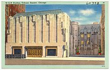 WGN began in the early days of radio and developed into a multi-platform broadcaster, including a cable television super-station. W-G-N Studios Tribune Square, Chicago (60792).jpg