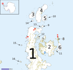 Nordlege Graham Land og kringliggande øyar. Jonassen Island er merka som 13.