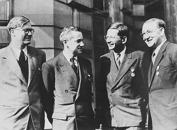 Left to right: William Penney, Otto Frisch, Rudolf Peierls and John Cockcroft in 1946