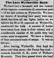 Beginning of a July 31 newspaper article about the Wytheville Raid Wytheville Raid Abingdon Virginian.JPG