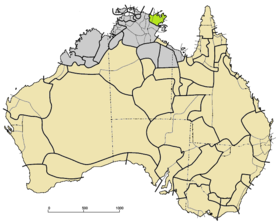 Region, w którym mówi się językami jolngu na zielono na mapie Australii