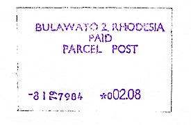 1979: штамп посылочной почты номиналом в 2,08 доллара (Булавайо)