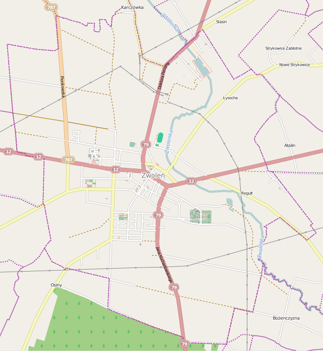 Mapa konturowa Zwolenia, w centrum znajduje się punkt z opisem „Kościół Podwyższenia Krzyża Świętego w Zwoleniu”