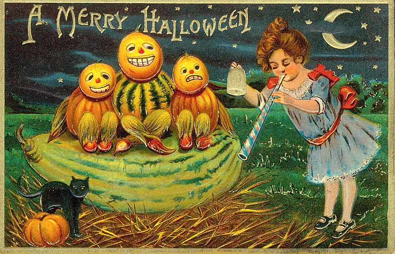 File:"A Merry Halloween." (Girl blowing a horn with three Jack-o-Lanterns).jpg