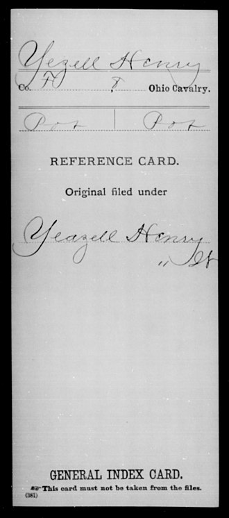 Reference card for Henry Yezell, 8th Ohio Cavalry (Ohio) Yezell, Henry - 8th Cavalry, Company F - DPLA - 16734410807737305aff2b5bde5744b3.jpg