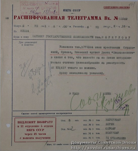 the NKVD encrypted telegram regarding the request for the shooting of Studynsky, Franko and Donets