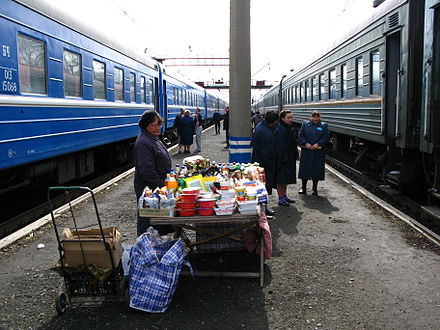 Food and drinks for sale at a train stop
