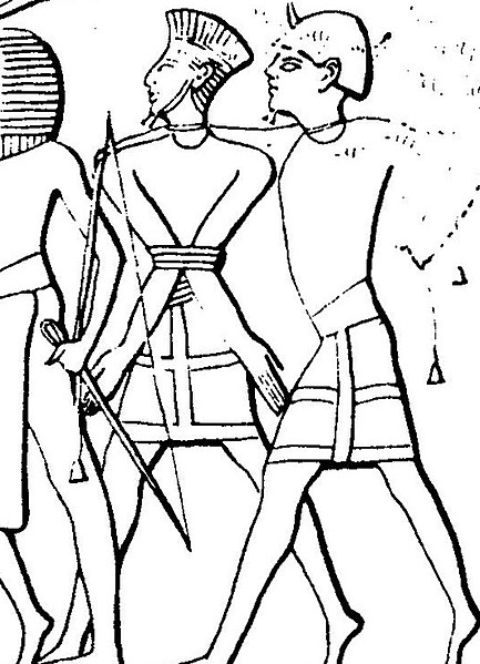 Peleset and Sherden prisoner being led by an Egyptian soldier under Ramesses III, Medinet Habu temple, around 1185–1152 BC