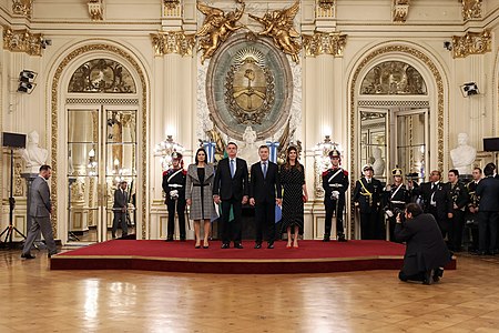 Jair Bolsonaro i Michelle són rebut per Mauricio Macri, president de la República Argentina i per la primera dama Juliana Awada, 2019