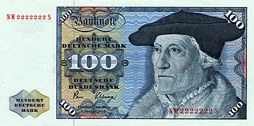 Verwendung des Porträts von Sebastian Münster (seitenverkehrt) auf der vormaligen 100-DM-Banknote
