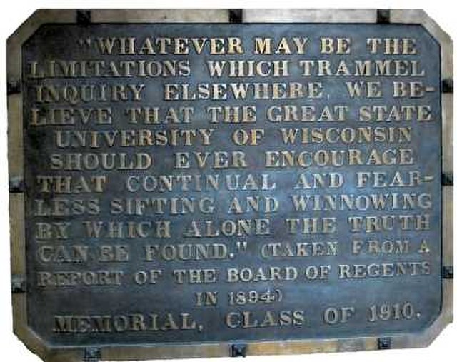 "Sifting and winnowing" plaque on Bascom Hall, UW–Madison tribute to academic freedom