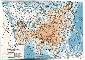 A 1916 physical map of Asia by Tarr and McMurry 1916 physical map of Asia.jpg