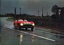 An improved Ferrari 860 Monza, driven by Peter Collins and Louis Klemantaski to 2nd place overall at 1956 Mille Miglia 1956-04-29 Mille Miglia Ferrari 860 Monza 0628 Collins Klemantaski.jpg