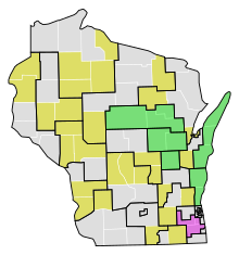 Map after redistricting, changes highlighted.
Territory which was moved to a new district
Districts which were entirely unchanged
Districts which contain none of their prior territory 1964 Reynolds v Zimmerman Wisconsin senate districts.svg