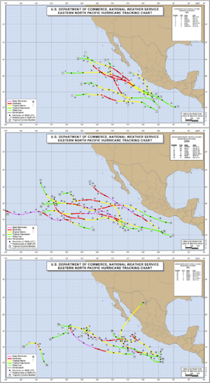 Three individual maps showing all storm paths from the 1990 season