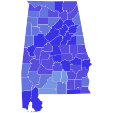 Democratic primary results by county
.mw-parser-output .legend{page-break-inside:avoid;break-inside:avoid-column}.mw-parser-output .legend-color{display:inline-block;min-width:1.25em;height:1.25em;line-height:1.25;margin:1px 0;text-align:center;border:1px solid black;background-color:transparent;color:black}.mw-parser-output .legend-text{}
Siegelman
50-60%
60-70%
70-80%
80-90% 2002 Alabama gubernatorial Democratic primary election results map by county.svg