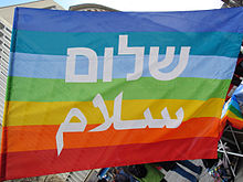 Regenbogenfahne mit Peace-Schrift/-Zeichen (Friedensfahne)