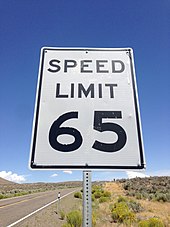 65 mph speed limit sign in the United States 2014-08-19 11 59 11 Speed limit 65 miles per hour sign along northbound Nevada State Route 225 (Mountain City Highway) about 10.9 miles north of Nevada State Route 535 (Idaho Street) in Elko County, Nevada.JPG