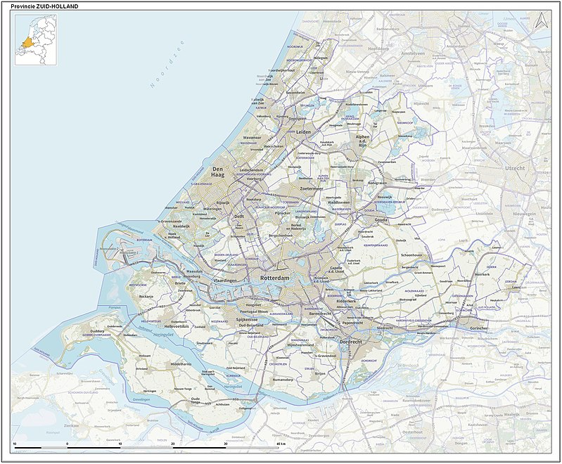 Provinciekaart van Zuid-Holland. De Zuidvleugel omvat het centrale, verstedelijkte gebied en wordt grofweg begrensd door Leiden, Gouda, Dordrecht en Hoek van Holland.