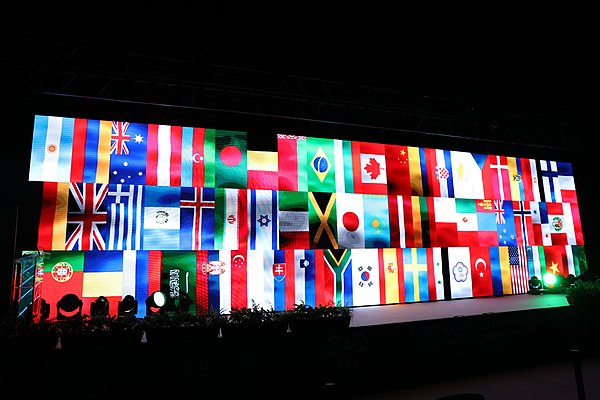 Presentation of flags of participating countries at the 2019 Junior World Artistic Gymnastics Championships