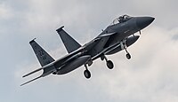 A US Air Force F-15C Eagle, tail number 85-0114, on final approach at Kadena Air Base in Okinawa, Japan.