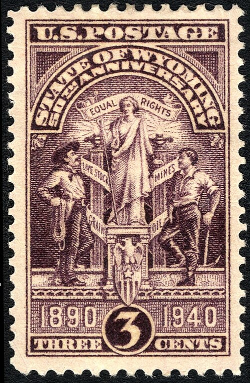 On July 10, 1940, the U.S. Post Office issued a postage stamp commemorating the 50th anniversary of Wyoming statehood. The engraving depicts the Wyomi