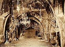The staircase of the Jehosaphat church. Queens Morphia and Melisende were buried in the niches on the right and the left, respectively. 609 - Jerusalem - Church of the Virgin.JPG