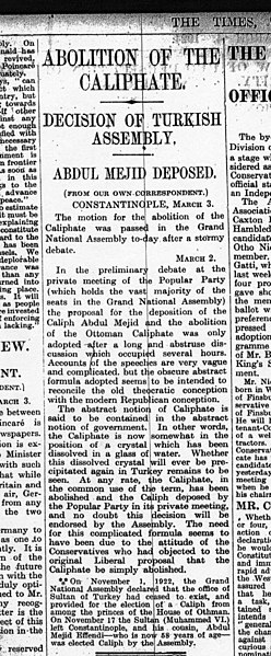 File:Abolition of the Caliphate in 1924 as reported in the Times of London, 3 March 1924 01.jpg
