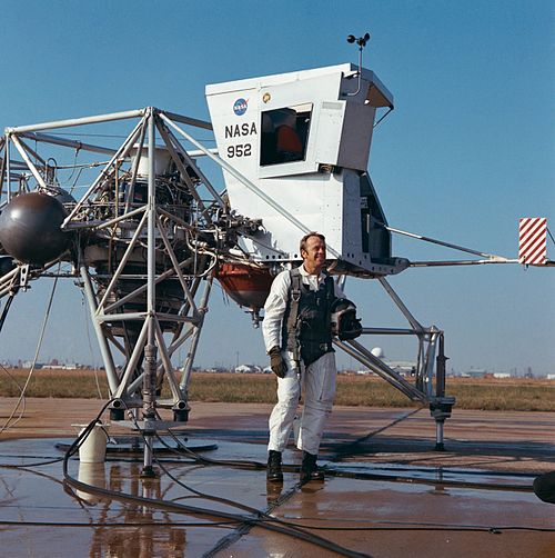 Alan Shepard during training for the Apollo 14 mission stands in front of LLTV-3.