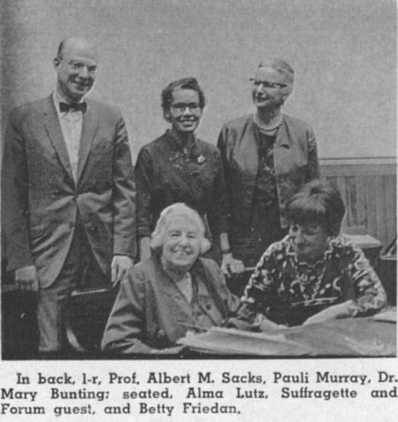 back, l to r, Albert M. Sacks, Pauli Murray, Mary Bunting; seated, l to r, Alma Lutz, suffragette [sic] and Harvard Law School Forum guest, and Betty 
