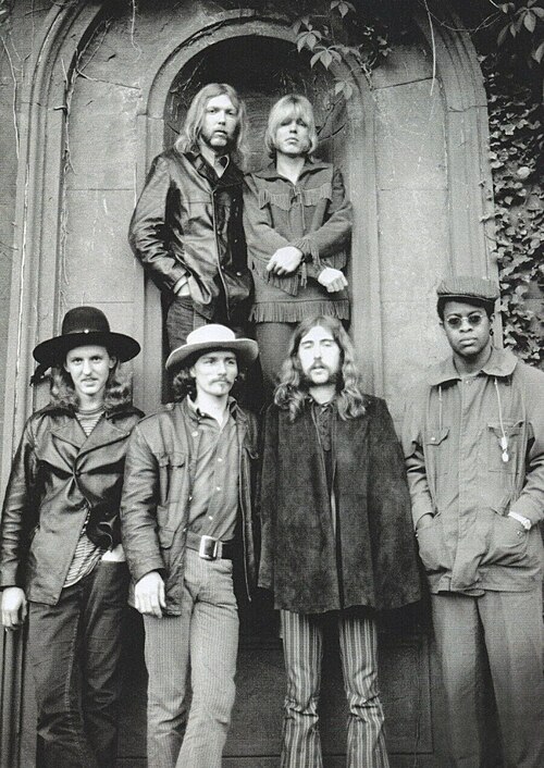 The Allman Brothers Band in May 1969. From left to right, (back) Duane Allman and Gregg Allman (front) Butch Trucks, Dickey Betts, Berry Oakley and Ja