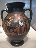 Ancient Greek Amphora depicts Herakles killing the Nemean Lion, with Iolaus and Nemea on the left and Athena and Hermes on the right. 550–525 BC.