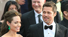 Jolie with her then-partner Brad Pitt at the 81st Academy Awards in 2009, where they each received an Academy Award nomination