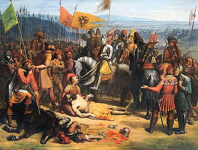 Battle on the Marchfeld (painting by Anton Petter, 1858) Anton Petter - Bitva na Moravskem poli.jpg