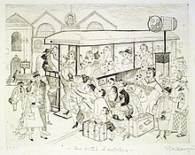 « Un Arrêt d'autobus » à la gare Montparnasse par Suzanne Balkanyi (en), vers 1952.