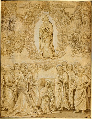 Assumption of Mary (1481), Sistine Chapel, drawing of fresco lost when destroyed to make space for Michelangelo's Last Judgement Assumption of Mary perugino drawing.jpg