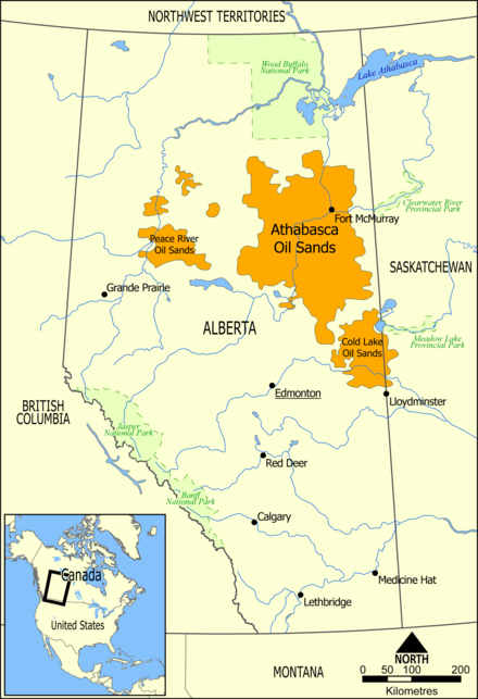 The Peace River oil sands deposit lies in the west of Alberta, and is deeper than the larger, better known Athabasca oil sands.