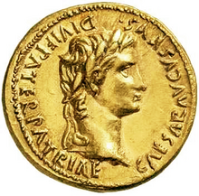 Aureus minted c. AD 13, marked: "Caesar Augustus Divi F Pater Patriae" Augustus first century aureus obverse.png