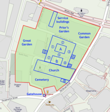 Plan of Austin Friars, London overlaid on a modern street map. A. North Cloister B. Principal Cloister 1. Library 2. Infirmary 3. Kitchen 4. Porter's Lodge 5. Refectory 6. Main Chapter House 7. Guest hall and dormitory 8. Dormitory 9. Prior's House 10. Church of St Peter the Poor Austin Friars plan.png